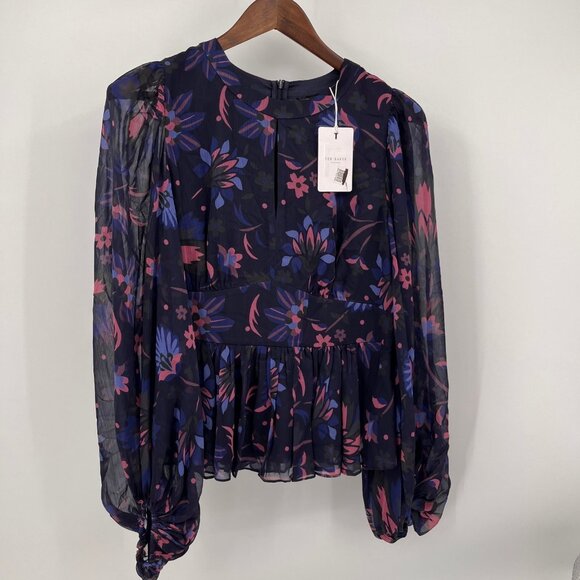 Ted Baker Stephanie Floral Print Blouse Size 4 Keyhole Detail Sheer Long Sleeve - Picture 1 of 16